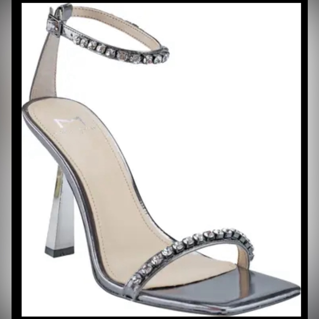 Nib Marc Fisher “Karima” Metallic Pewter Heels With Rhinestone Straps